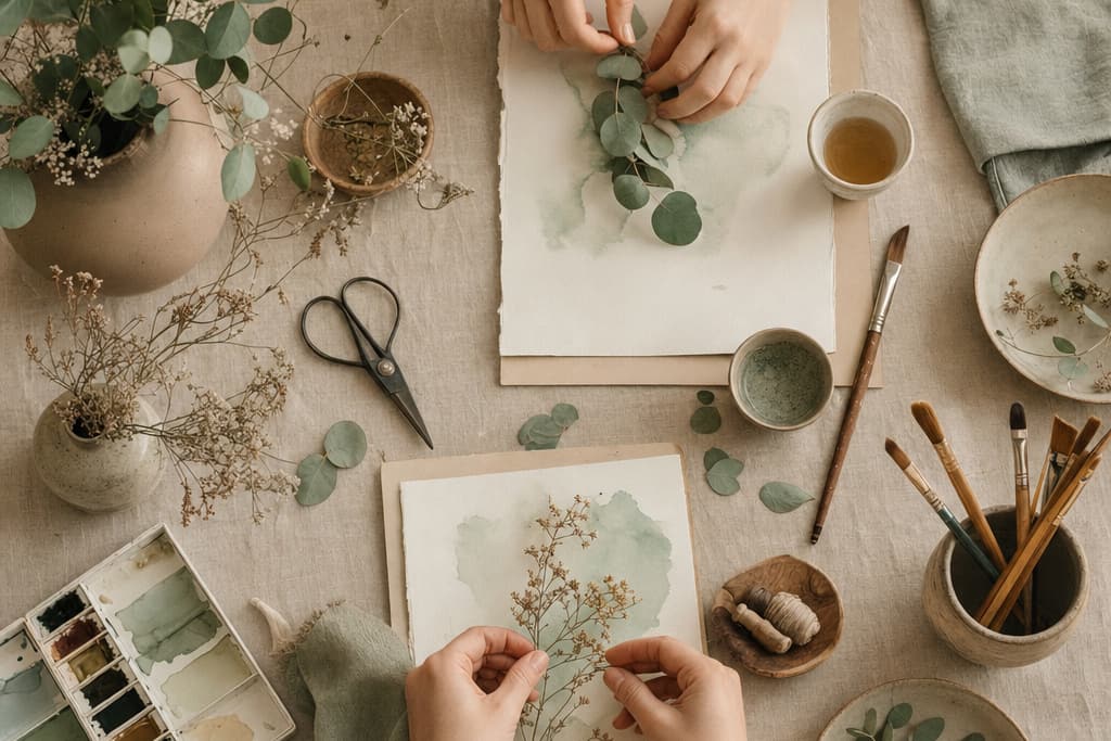 Mains qui composent un bouquet de fleurs séchées sur une table d'atelier