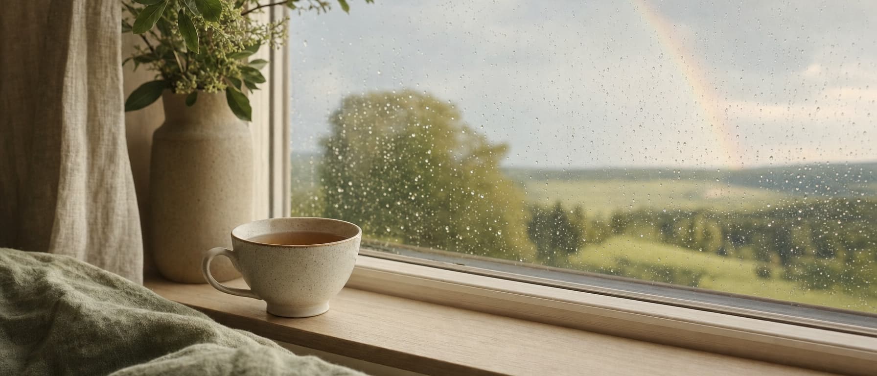 Une tasse de thé sur un rebord de fenêtre, un arc-en-ciel après la pluie