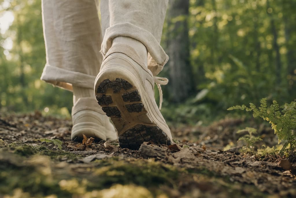 Chaussures de marche sur un sentier couvert de feuilles