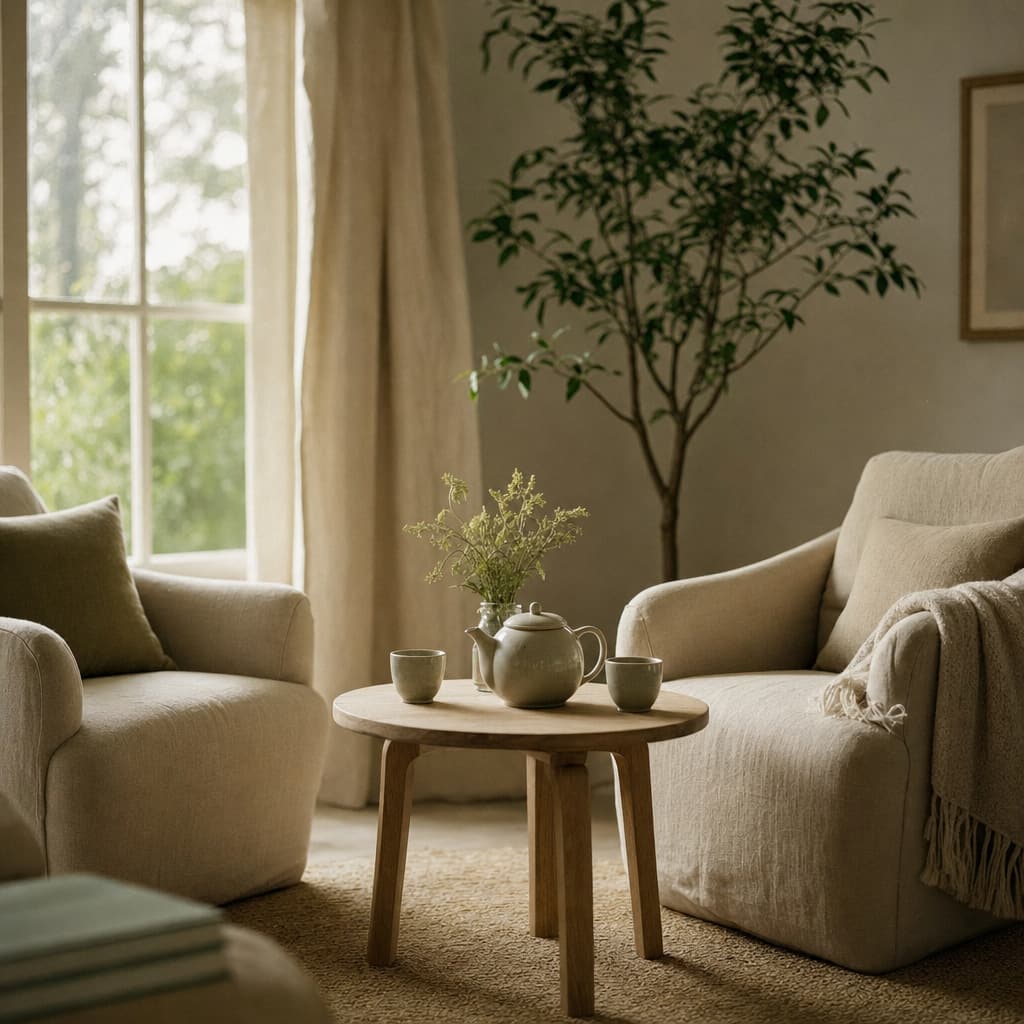Deux fauteuils en lin face à face, une théière et deux tasses sur une petite table